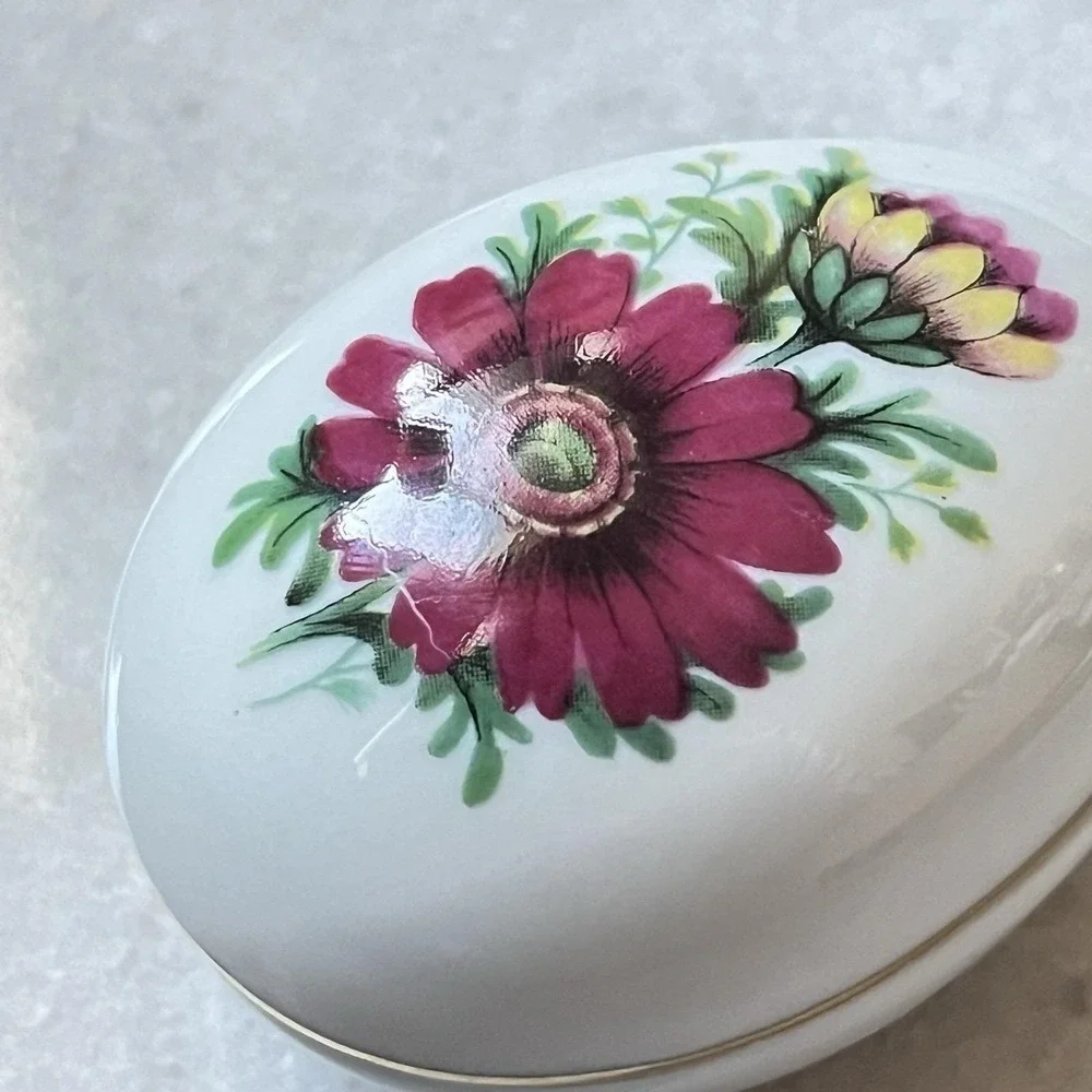 Chamart France Egg Shaped Trinket Box Pink Red Flower